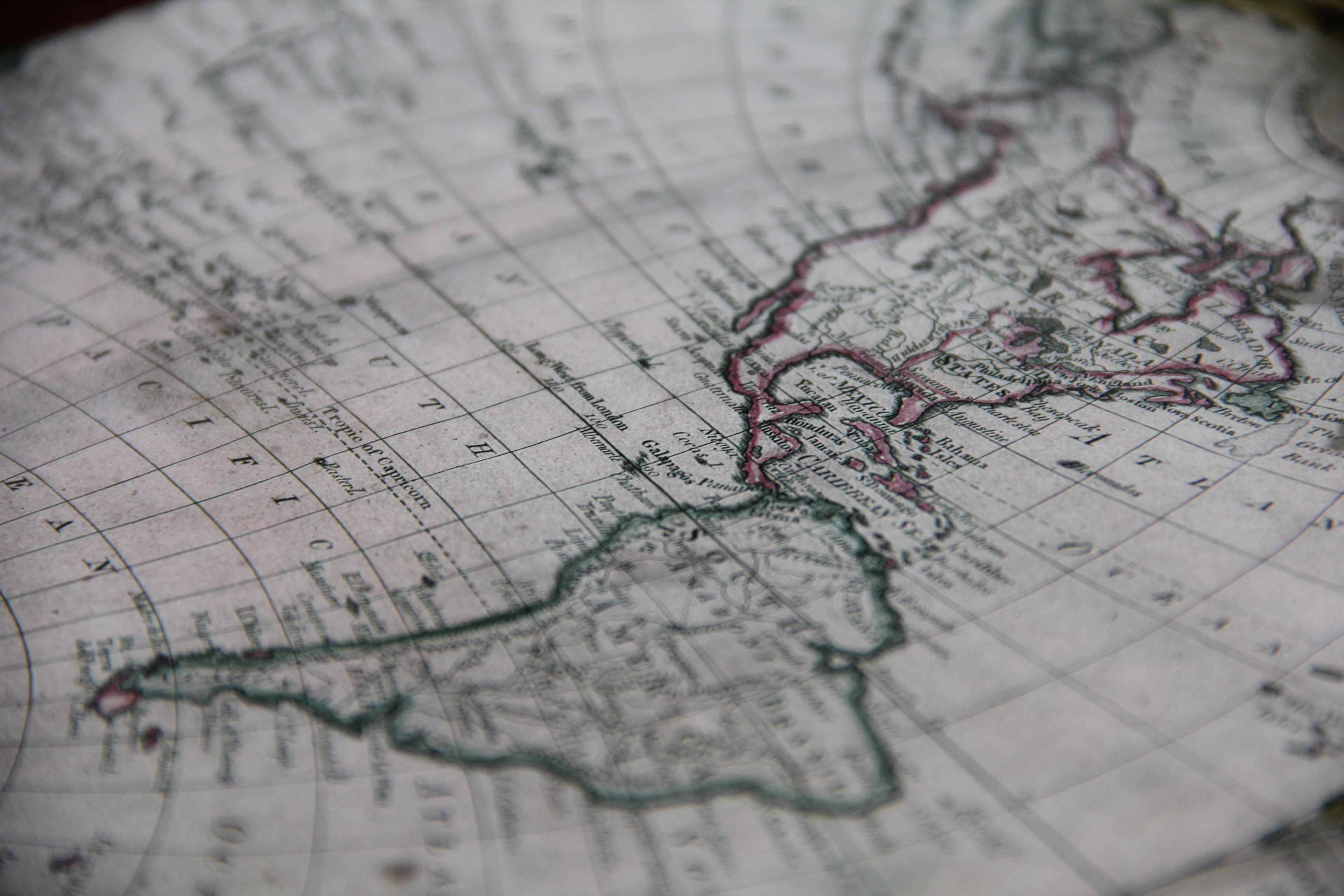 Close up of a map of North America and South America